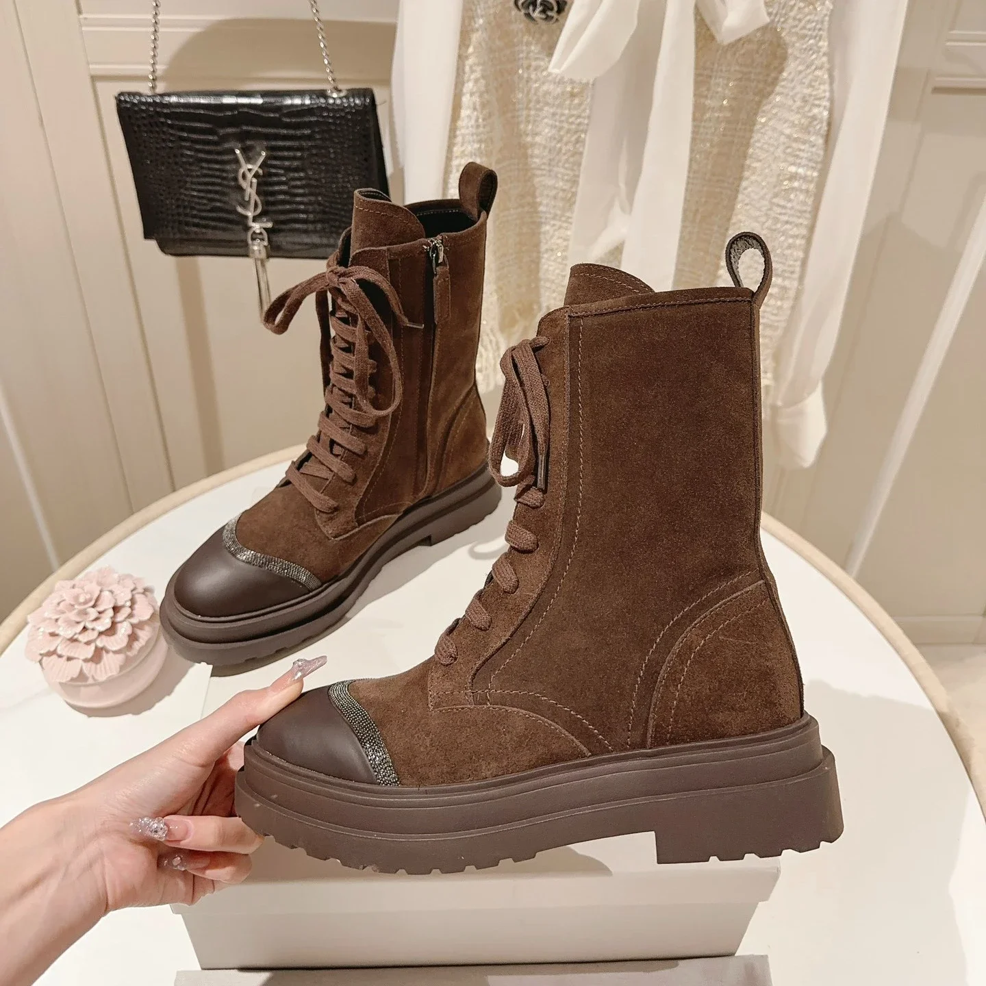 

New Women's Boots Luxurious Genuine Leather Retro Color Matching Straps Thick Soled Short Boots British Style BC Martin Boots