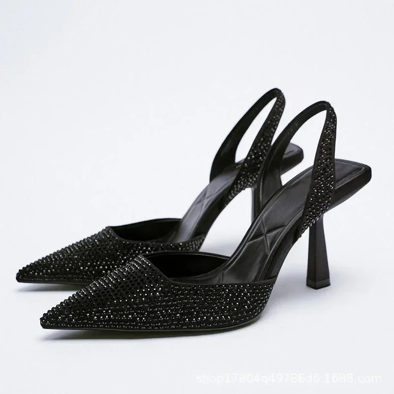 Gold Women Heels Sandals Summer Crystal Pointed Toe Female Stiletto African Party Rhinestone Shallow Slip on Heel Shoes women sandals women high heels