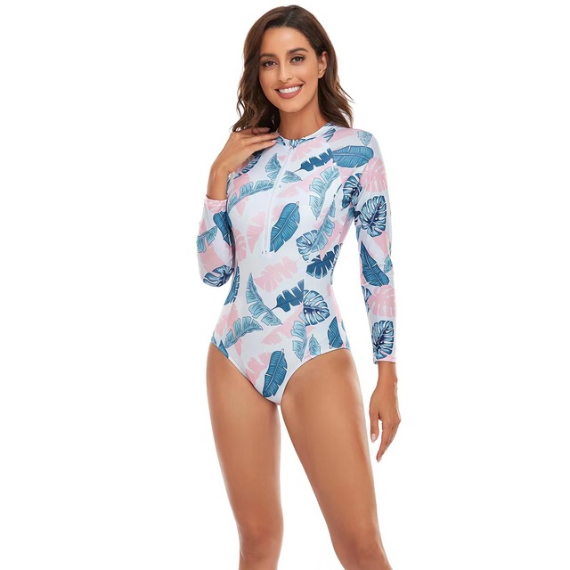 New Long Sleeve Printed One Piece Swimsuit Women Surfing Suit Wetsuit Fashion Bathing Swimming Suits Zipper Swimwear Woman - 111pink leaves, XL