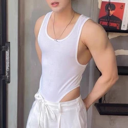 Sleeveless Vest Sexy Cross Dressing Men Bodysuit Siamese Underwear Thin LGBT Homewear Romper Male One-piece Comfortable Jumpsuit