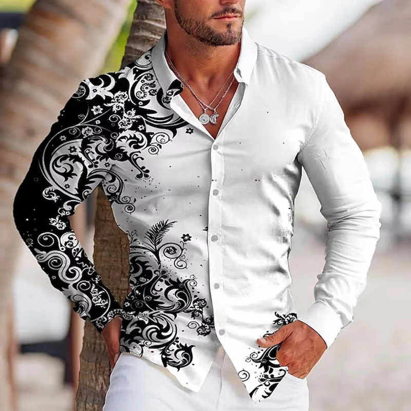 

Vintage Fashion Shirts For Men Casual Flower Print Oversized Button Long Sleeve Top Mens Clothes Hawaiian Designer And Blouses
