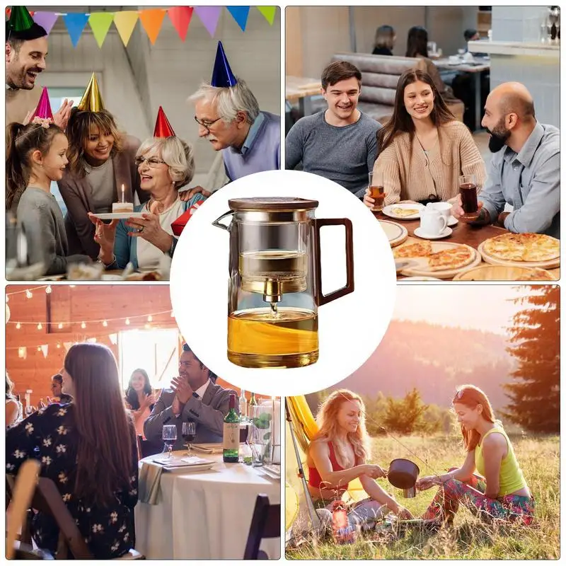 Teapot With Infuser Water Separation Tea Kettle Glass Tea Pot Ergonomic Tea Maker With Wooden Handle Dishwasher Magic Teapot For