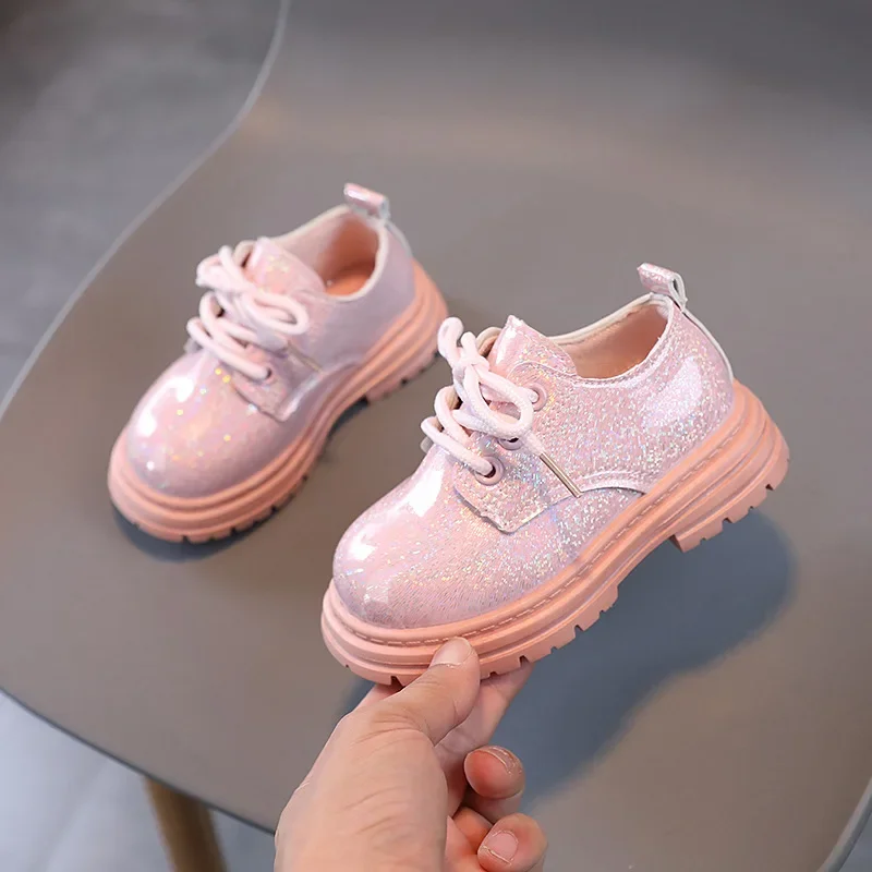 

Children Shiny Girls Leather Shoes Lace-up Non-slip Solid Color Korean Style Kids Versatile Soft Breatheable Casual Loafers Boys