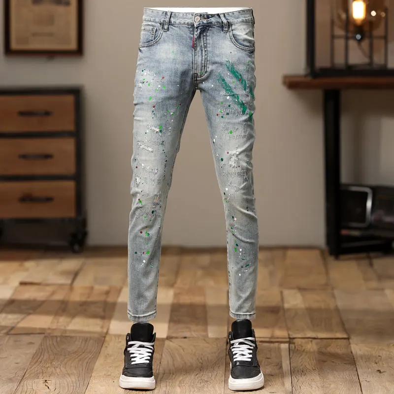 High Street Fashion Men Jeans Retro Light Blue Stretch Skinny Fit Ripped Jeans Men Painted Designer Hip Hop Denim Pencil Pants