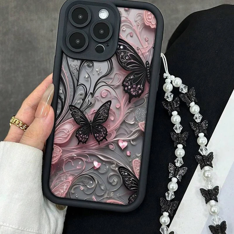 Elegant Black Butterfly Pattern Soft Phone Case with Butterfly Charm Cover