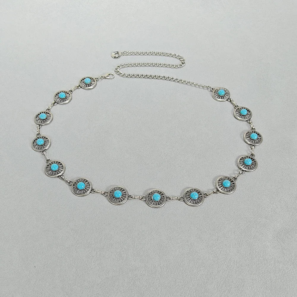 Silver Bohemian Metal Waist Chain Belt with Blue Gemstone Ellipse