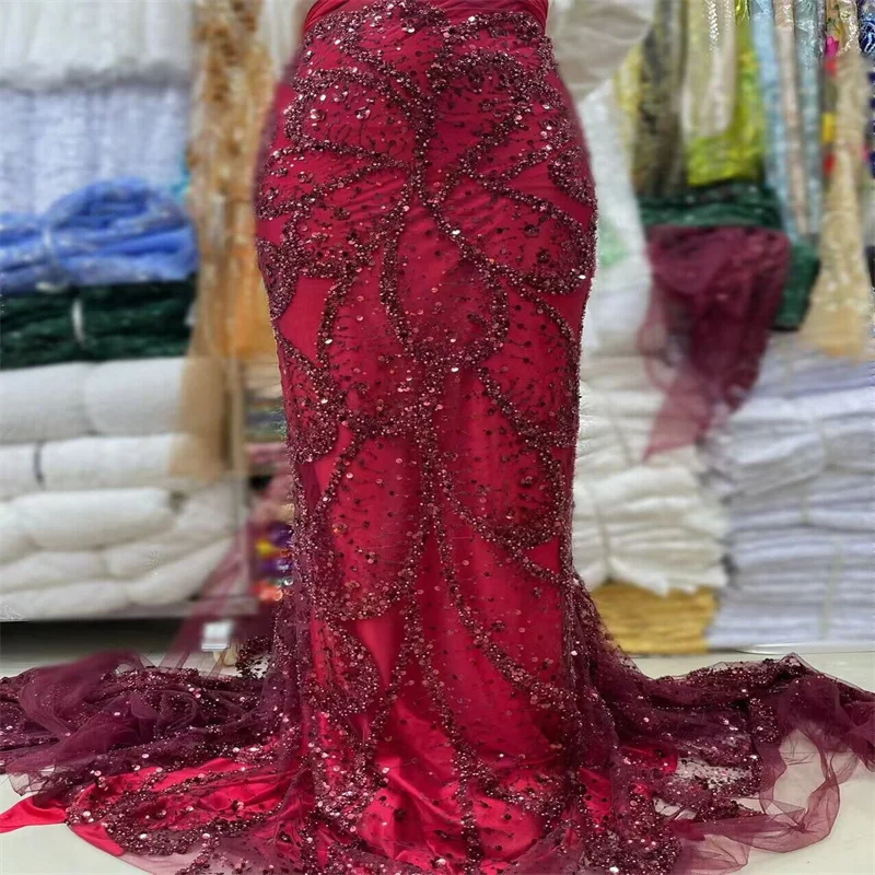 

High Quality African Nigerian Tulle 3d Lace Fabric With Sequins Embroidery Sewing Guipure Organza Prom Dresses 3D flower 5yards
