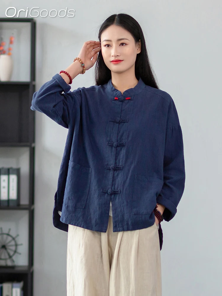 

OriGoods 2024 Spring New Shirt Women Chinese Traditional Style Coat Shirt Ramie Cotton Japan Tai chi Liziqi Zen Style Tops C029