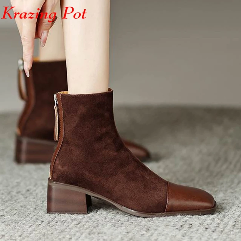 

Krazing Pot Cow Leather Kid Suede Square Toe Thick Med Heels Winter Warm Chelsea Boots Zipper England Basic Style Ankle Boots