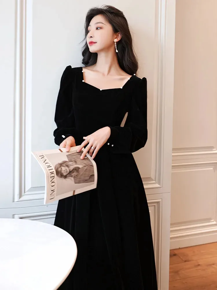 Black Velvet Dress Female Autumn Winter New Solid Color Beaded Square Neck  Long A-line Skirt Fashion Women's Clothing M166 - AliExpress