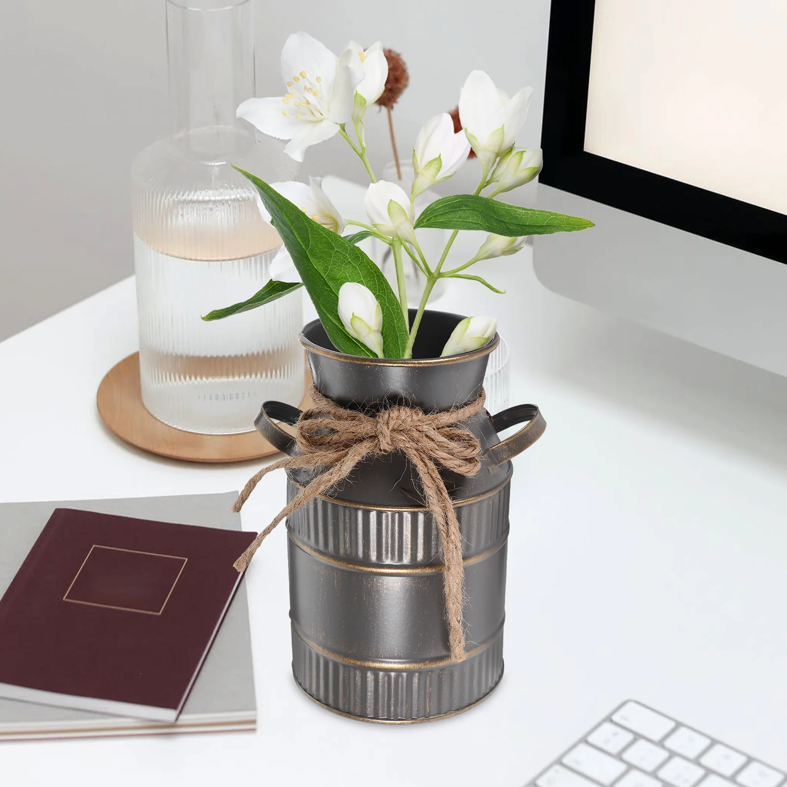 Retro Milk Bottle Vase Decor Handheld Flower Bucket Vintage Rural Iron Arrangement Container Planter Planting 6