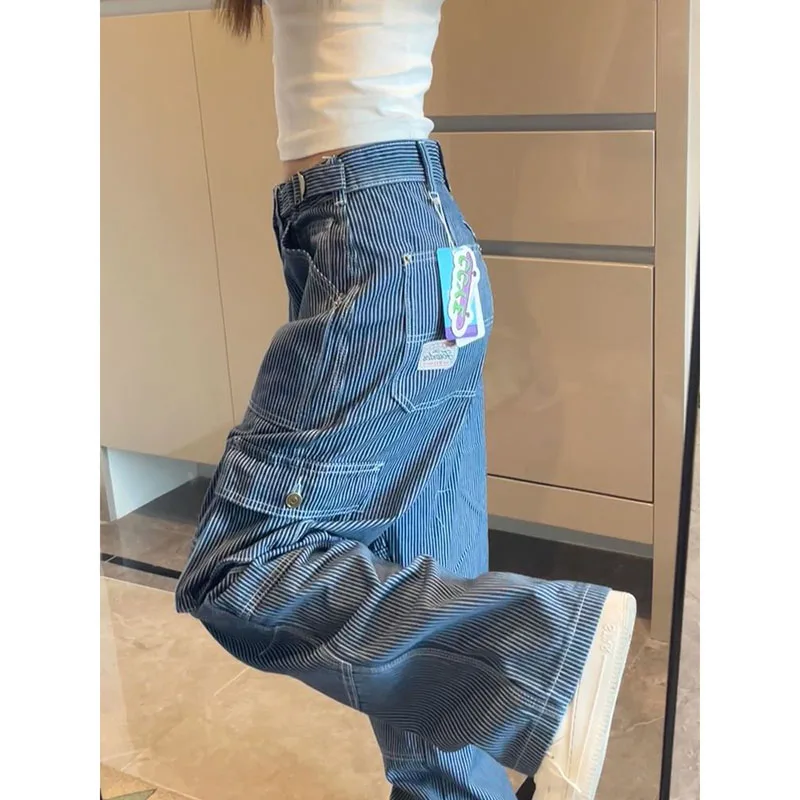 

AmericanRetro cool Striped High Street Overalls Jeans Female Summer Thin Fashion High Waist Straight Loose Pocket Wide-Leg Pants