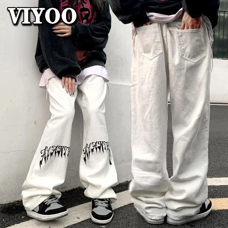 

High Steet Women's White Print Jeans Y2K Korea Men's Harajuku Casual Streetwear Clothes Baggy Trousers Male Wide Pants
