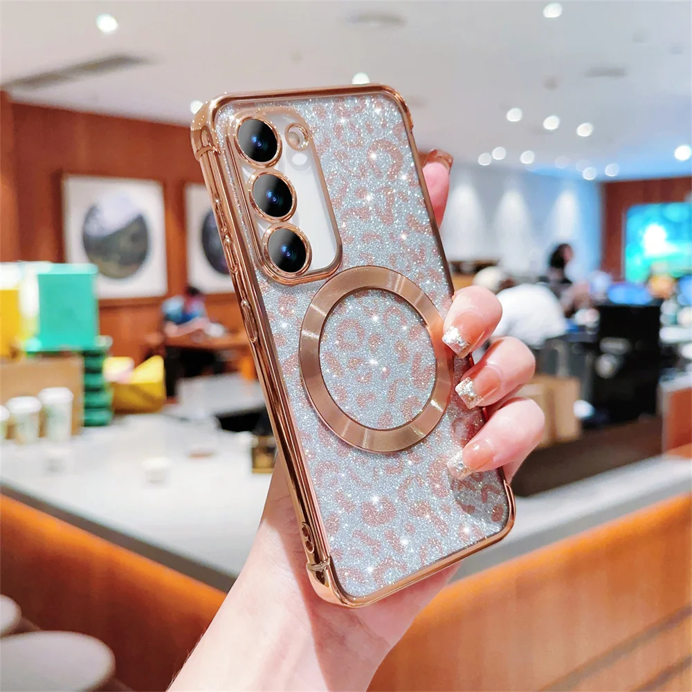 Magnetic Plating Clear Phone Case For Samsung Galaxy S23 S22 Ultra Plus S21 S20 FE Glitter Leopard Pattern Soft Cover_voghion.com