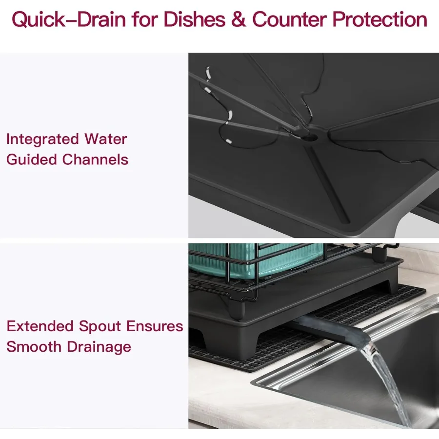 2 Tier Black Large Stainless Steel Dish Drainers Drying Rack for Kitchen Counter with Drainboard Rust Proof Metal Space Saving