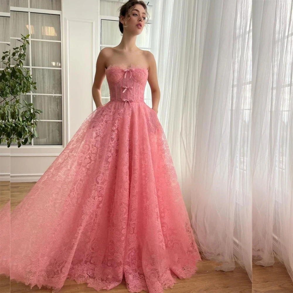 

Prom Dress Evening Lace Bow Draped Valentine's Day Ball Gown Strapless Bespoke Occasion Long es Saudi Arabia