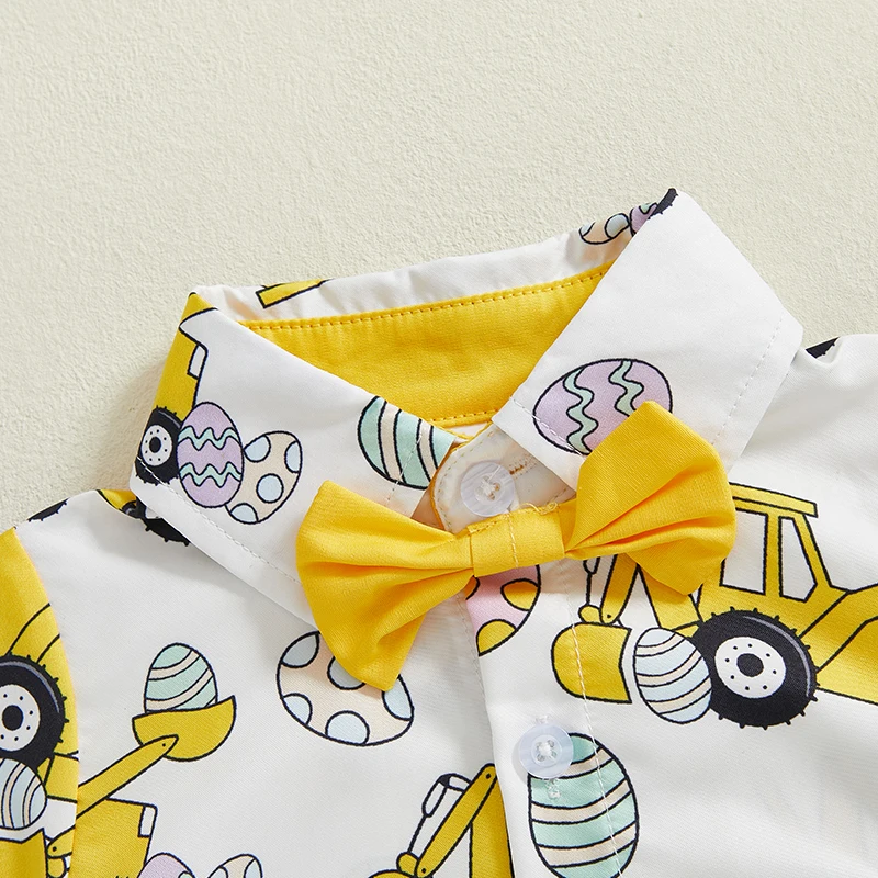 Baby Boys Easter Jumpsuit Short Sleeve Lapel Egg Excavator/Bunny/Bunny Egg Print Romper with Bow Necktie 5