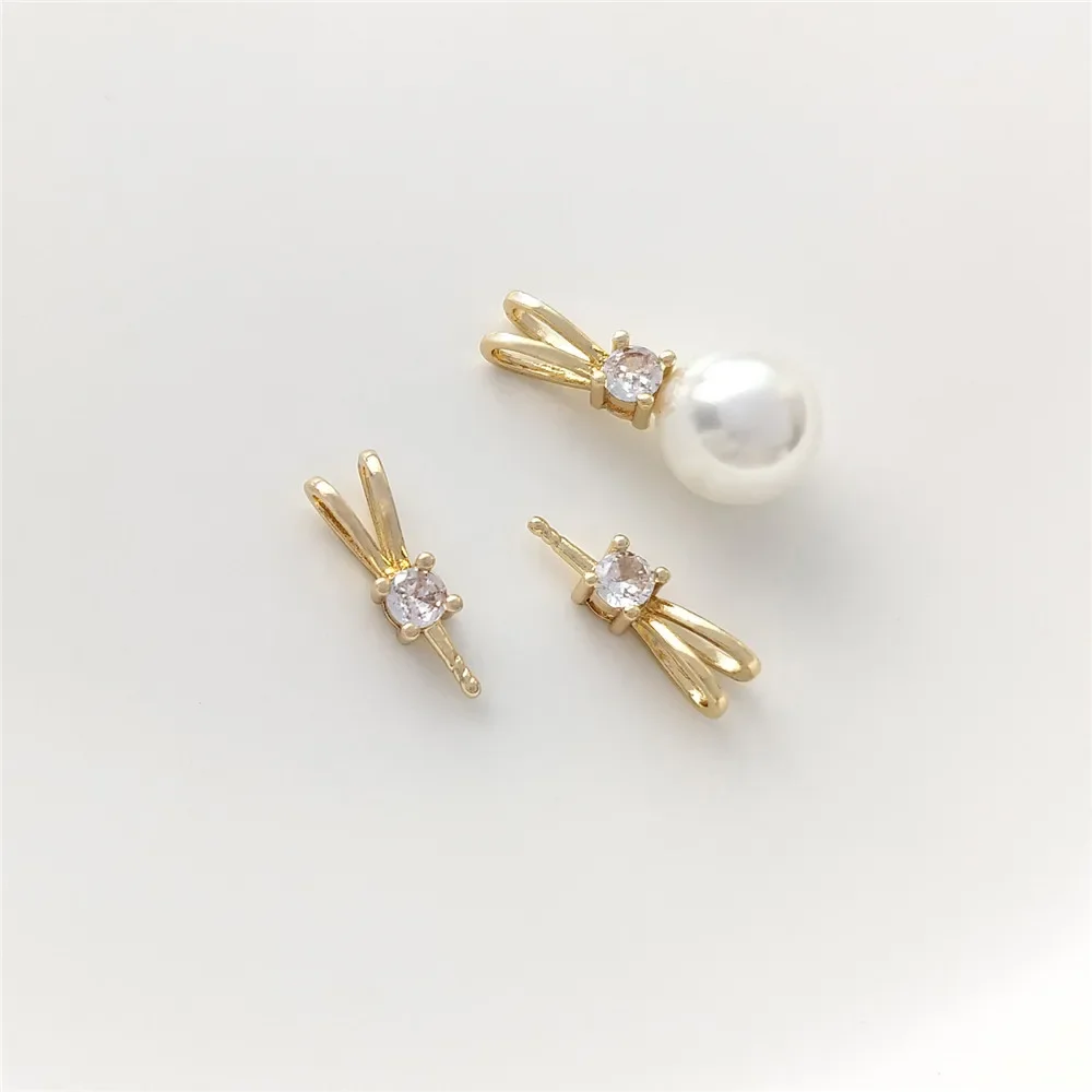 14K Gold Plated Zircon Double Ear Rabbit Style with Needle Sticking Half Hole Pearl Holder Hanging Pearl Holder DIY Accessories 