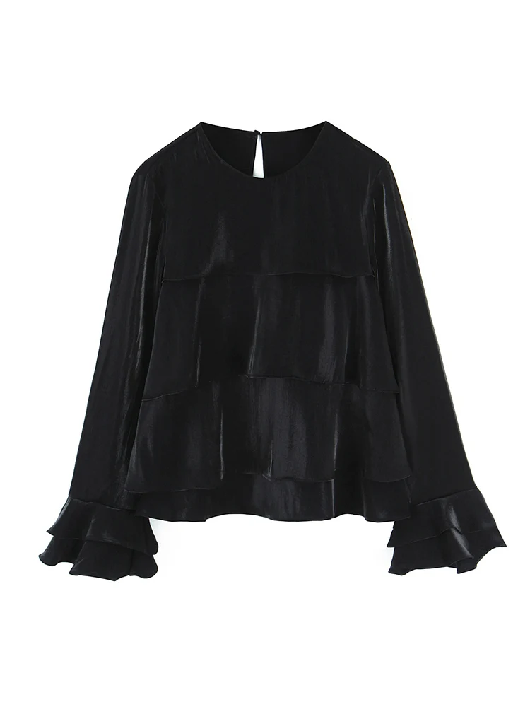 Women's Vintage Loose Blouse Long Sleeve Ruffles Tierred Shirts Solid Elegant Spring Autumn High Street Layered Blouses Lady New