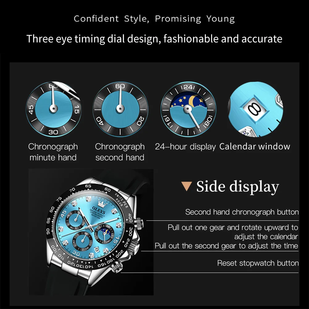 OLEVS Watches for Men Chronograph Analog Quartz Watch Moon Phase Silicone Diamond Waterproof Luminous Watches Relogio Masculino