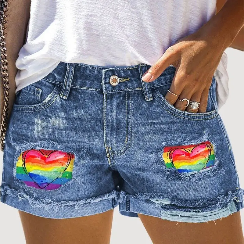 

Cinco De Mayo Rainbow Stripe Print Ripped Patchwork Denim Shorts Women Summer Spring Sexy Shorts Jeans Denim Pants