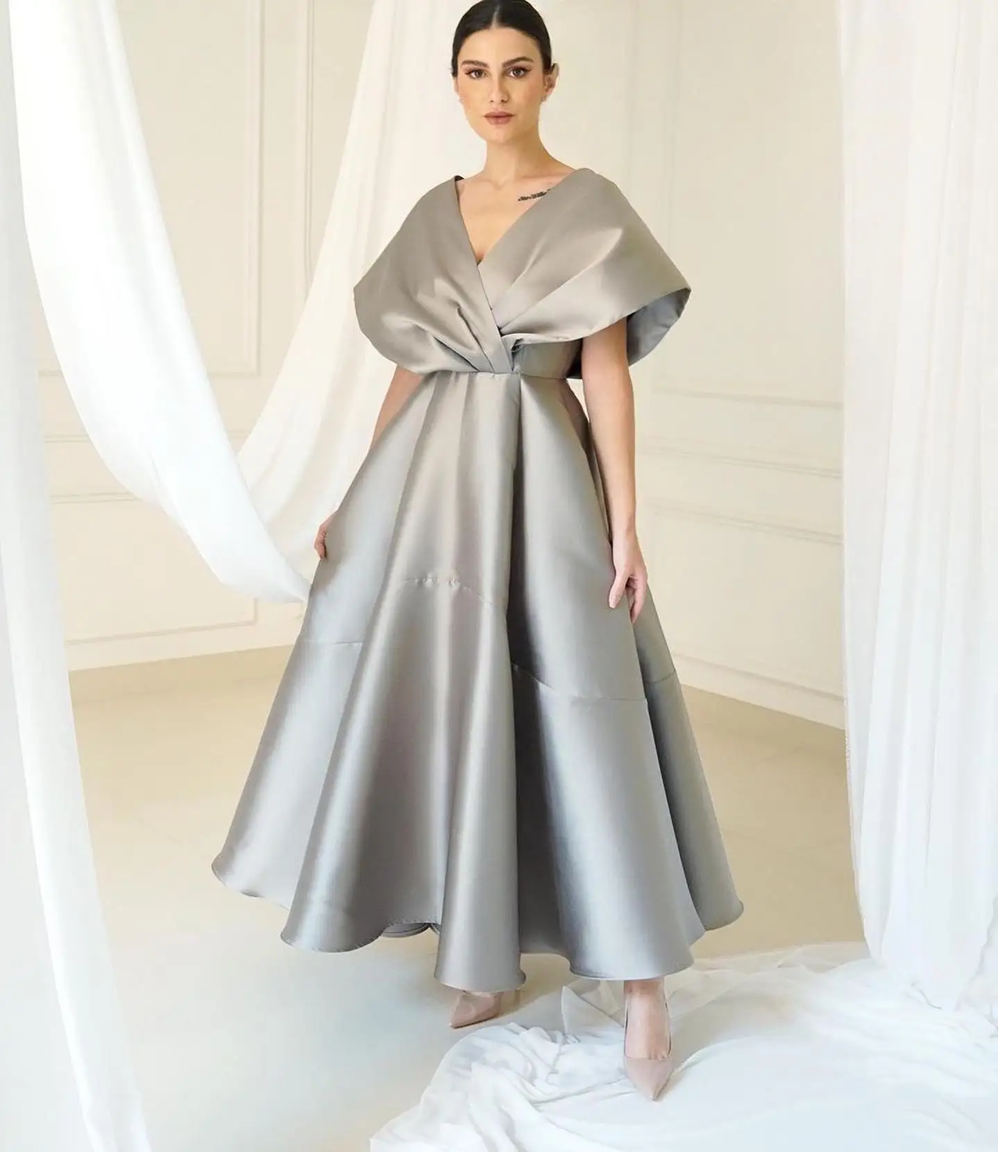 Formal Dresses Silver Elegant V-Neck A Line Slit Stretch Satin Long Formal Dress