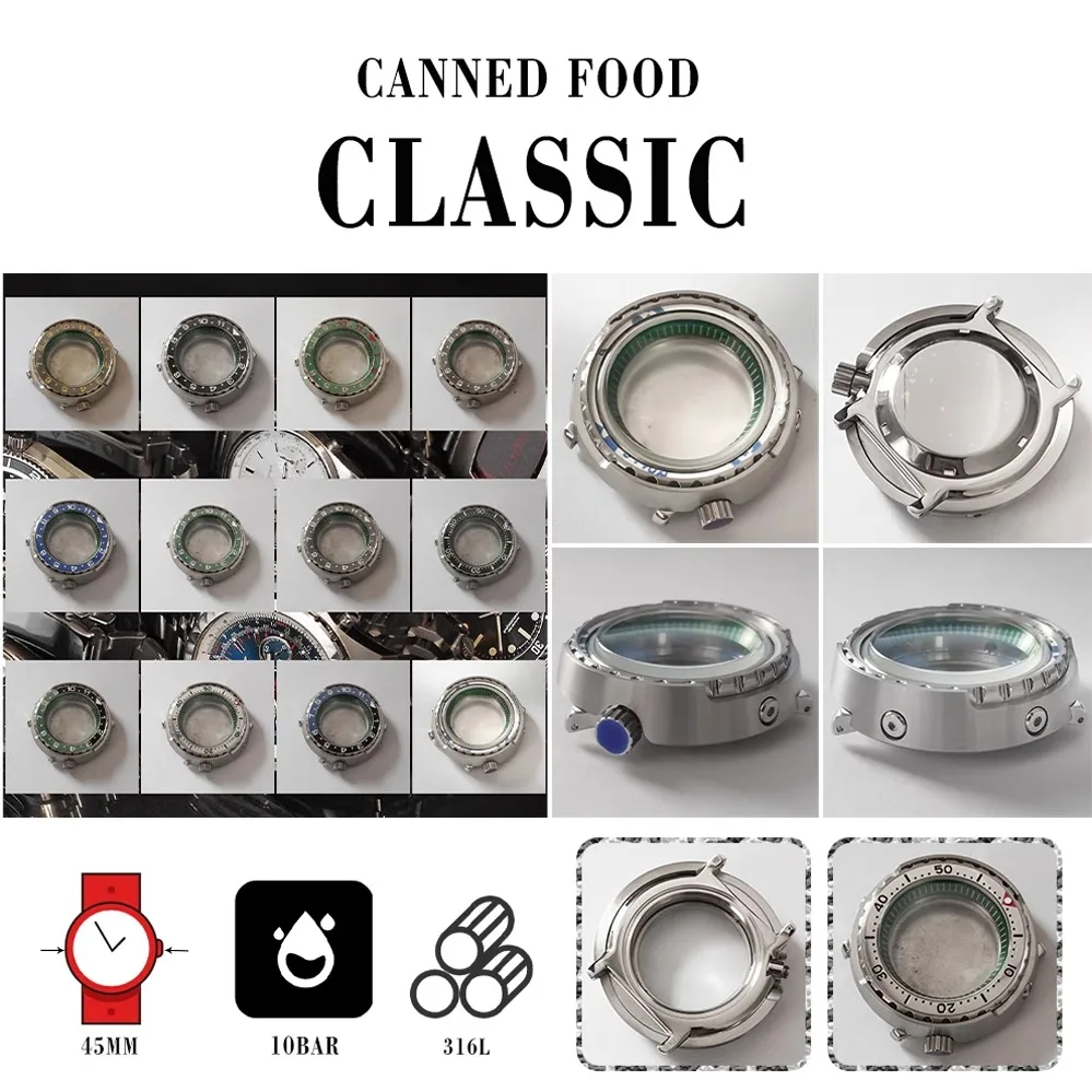 

Stainless steel canned case, 45mm mineral glass, green inner shadow, compatible with NH35/NH36 calibres