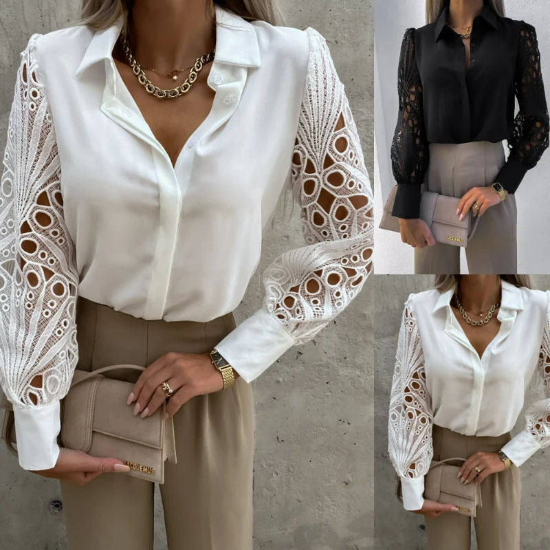 

Solid Color Lace Patchwork Female Shirts Hollow Out Embroidery Long-sleeve Women's Elegant Blouses Autumn 2022 New fashion Tops