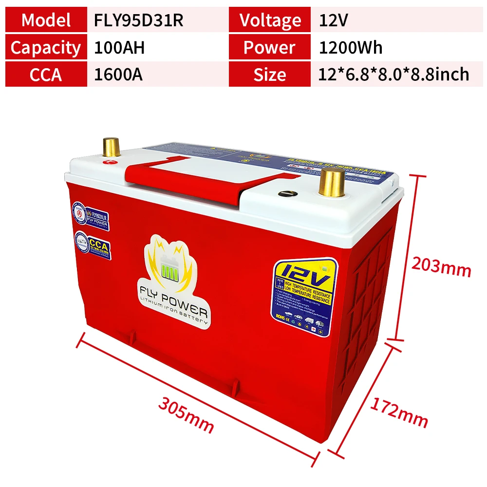 FLY95D31L/R 12V 100AH 1200Wh 1600A Automobile Lithium Iron Battery With Jump Starter Protection Motor Car LiFePO4 Battery BMS