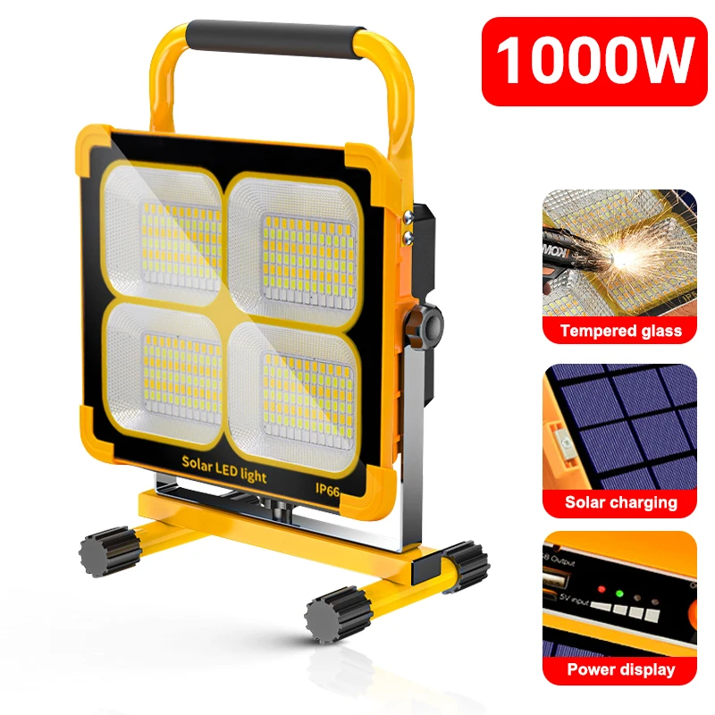 1000W LED Portable Rechargeable Solar Floodlight Spotlight Battery Powered Searchlight Outdoor Work Lamp Camping Lantern floodlight with bracket emergency maintenance work light construction site mobile portable searchlight outdoor square lighting