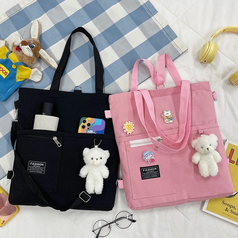 Stylish Chic Canvas Tote with Bear Pendant - Trendy Bucket Crossbody & Shoulder Bag