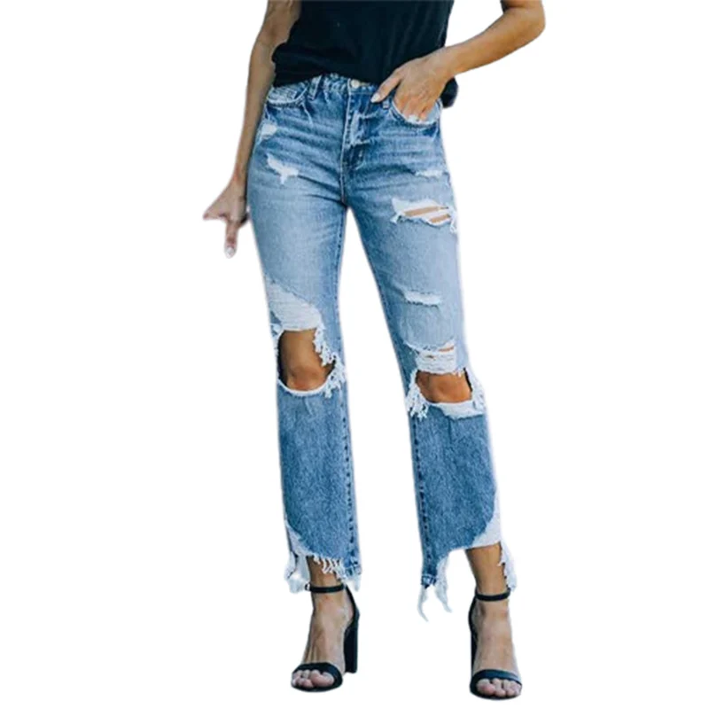 Summer High Waist Button Splicing Straight Jeans Women Vintage Broken Holes Trend Denim Pants Female Trousers Casual Streetwear