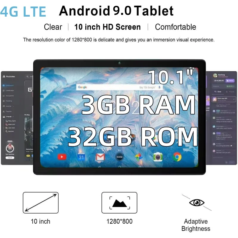 4G LTE T4 Android 9.0 Tablets 10.1 INCH 3GB RAM 32GB ROM GSM 64-bit MTK8765 Quad-Core CPU 1280 x 800 IPS 5000mAh