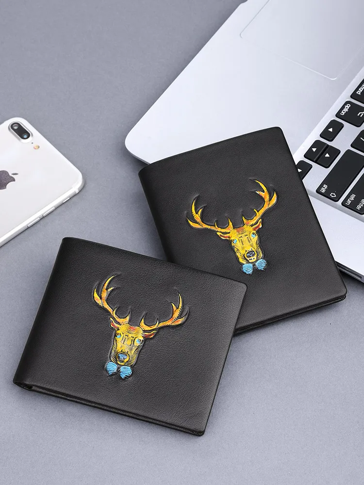 Men's wallet leather new 2022 tide brand short wallet coin purse luxury card holder money clip Coin purses deer head pattern