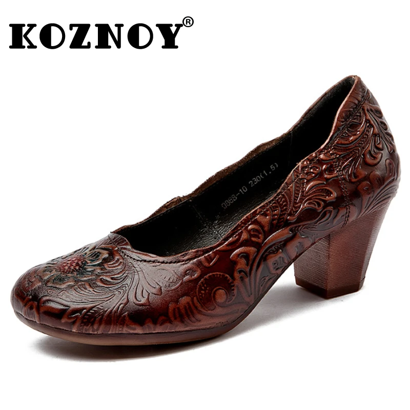 

Koznoy 5.5cm 2024 Genuine Leather Ladies Summer Embossed Round Toe Designer Luxury Chunky Heel Shoe Woman Embossed Fashion Shoes