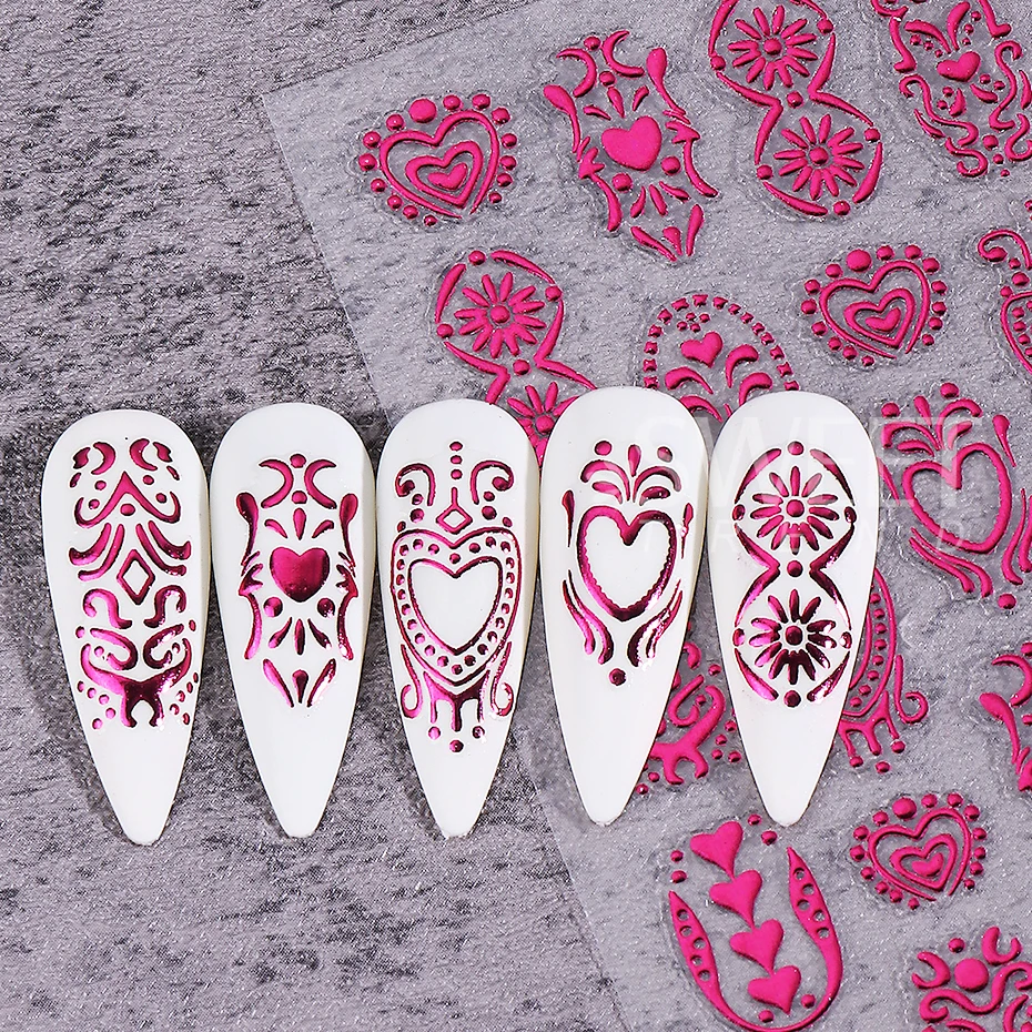 3pcs Bohemian Nail Stickers Metal Retro Patterned Heart Totem Self-adhesive Nail Decals DIY Luxury Manicure Sliders Decoration