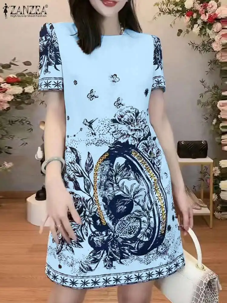 

ZANZEA 2024 Summer O-neck Short Robes Women Summer Mini Dress Retro Short Sleeve Vestidos Casual A Line Dresses Holiday Female