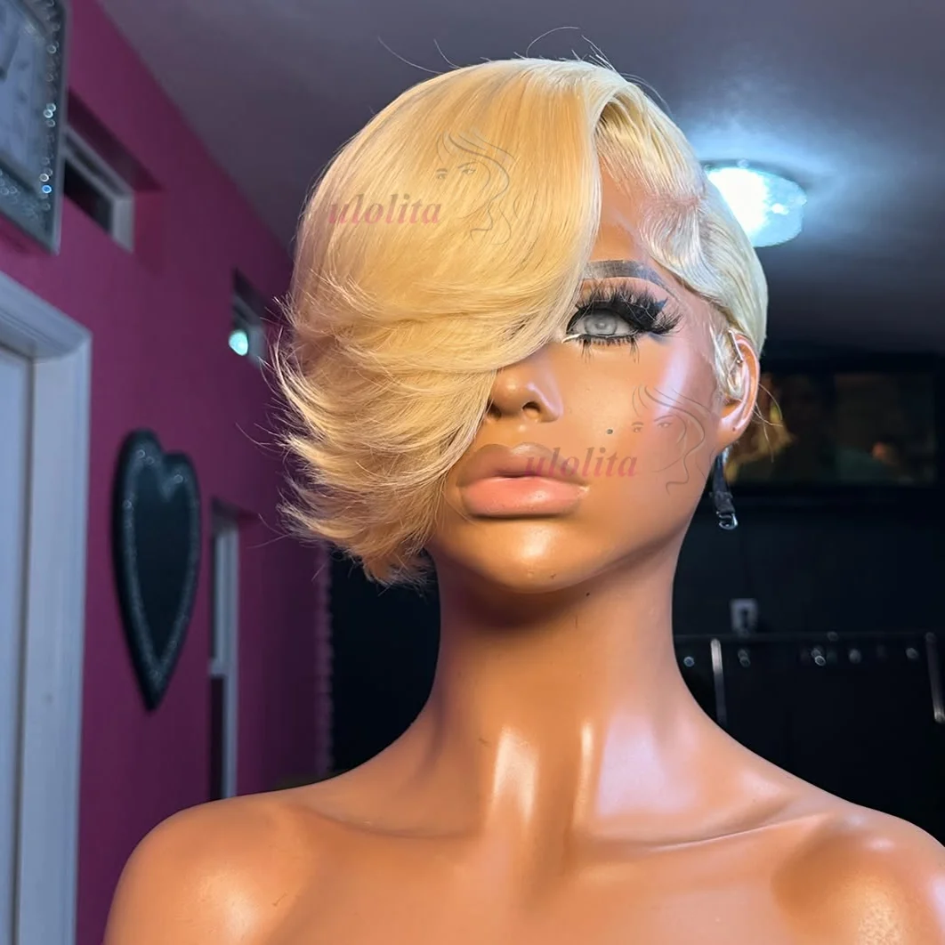 Straight Short Pixie Cut Wig with Bangs Shaved Sides And Sideburns Full Lace Wig Remy Brazilian Hair For Men Honey Blonde 613