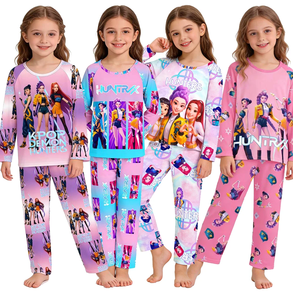 Pyjama pour filles, ensemble de vêtements à manches longues pour enfants, Kpop Demon Hunters Huntrix, vêtements de nuit imprimés Rumi Mira Zoey, 2 pièces/ensemble