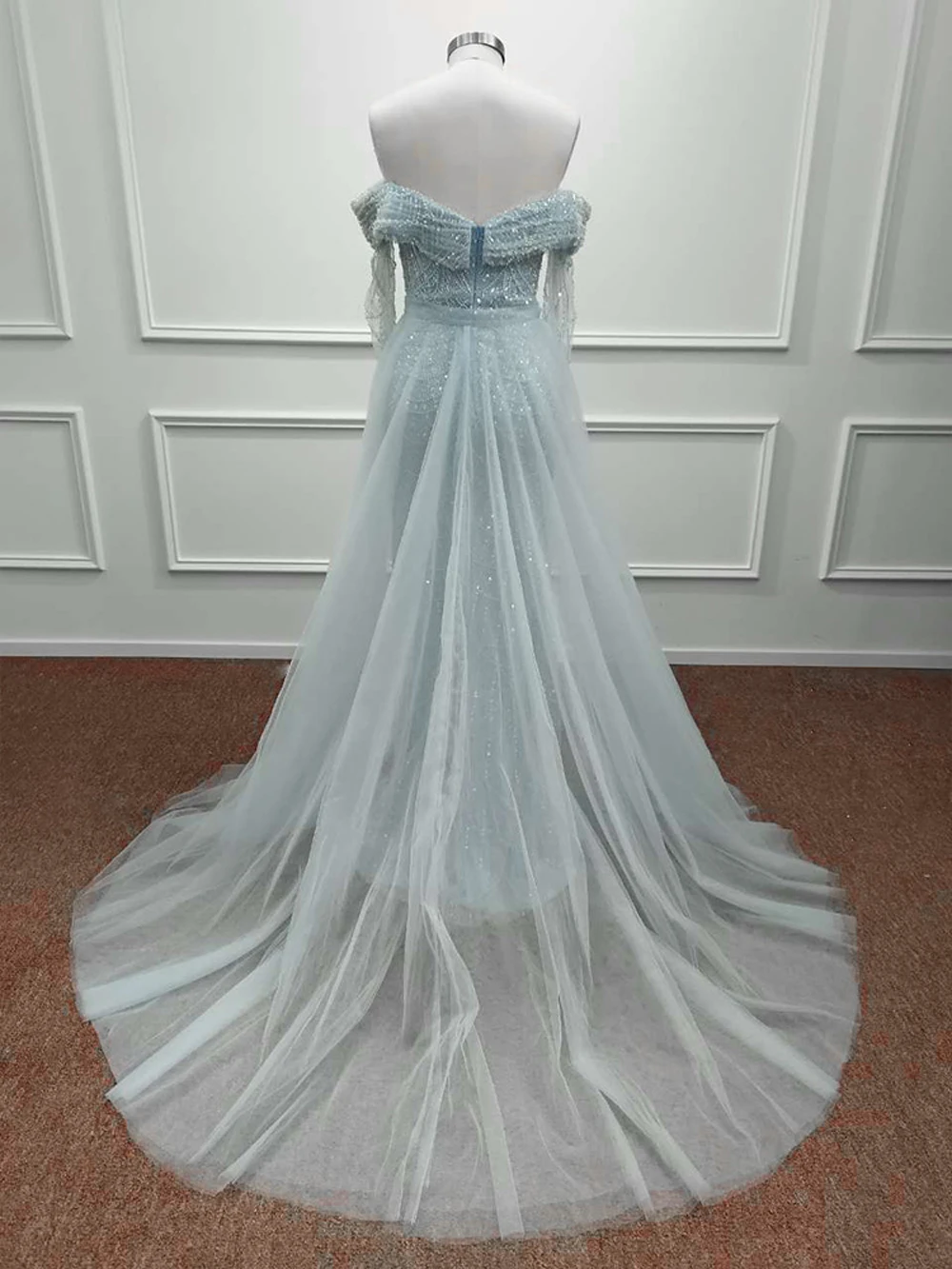 Luxusní arábie loď krk soumrak šaty mořská panna korálkový perla flitry tyl overskirt pryč bedra formální večírek ples gowns vestidos