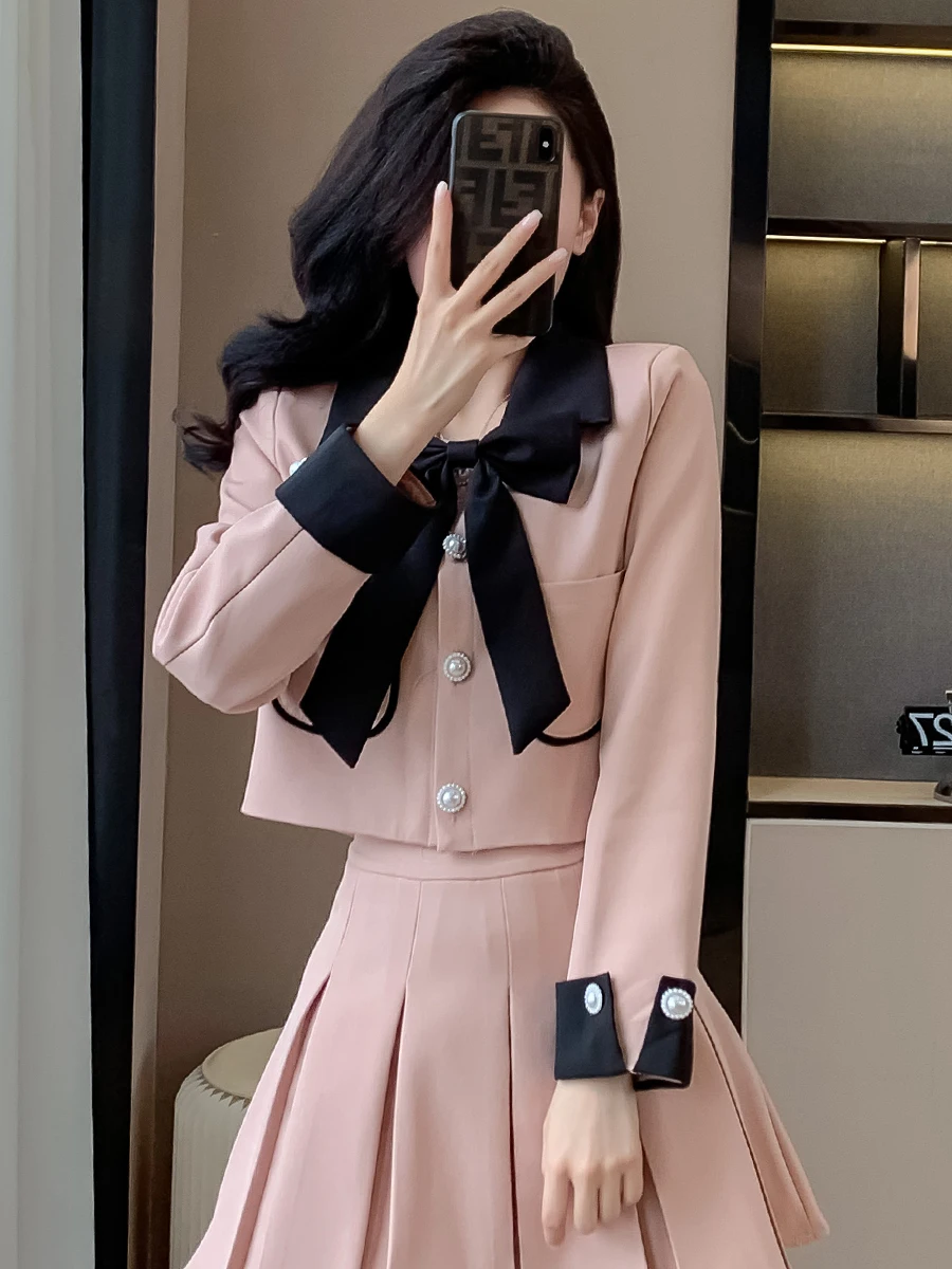 활 칼라 우아한 여성 세트 재킷 스커트 투피스 세트, 프렌치 스타일 용수철, 배색, 사교계 코트, 상의 스커트, 2024 신상
