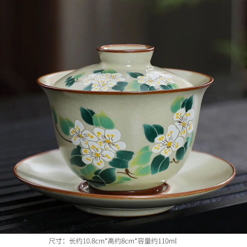 Handmade Ceramic Gaiwan Chinese Teacup Hand-painted Flowers Sancai Tea Tureen Travel Tea Bowl Porcelain Teaware Set Accessories tea set