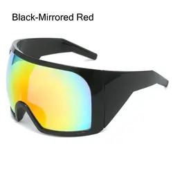 Futuristic UV400 Wraparound Rave Sunglasses with Oversized Curved Lens (Black - Mirrored Red)