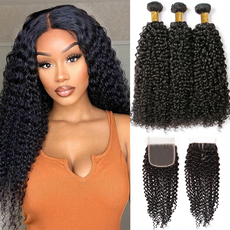 12A Malaysian Kinky Curly Bundles With Frontal Wet and Wavy Water Wave Human Hair Bundles With Closure Natural Virgin Human Hair