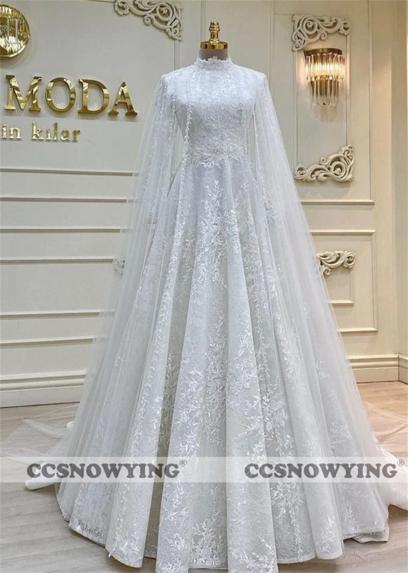 

Long Sleeve Muslim Wedding Dress with Cape Lace Appliques High Neck A Line Hijab Bride Gown Arabic Dubai Vestidos De Novia