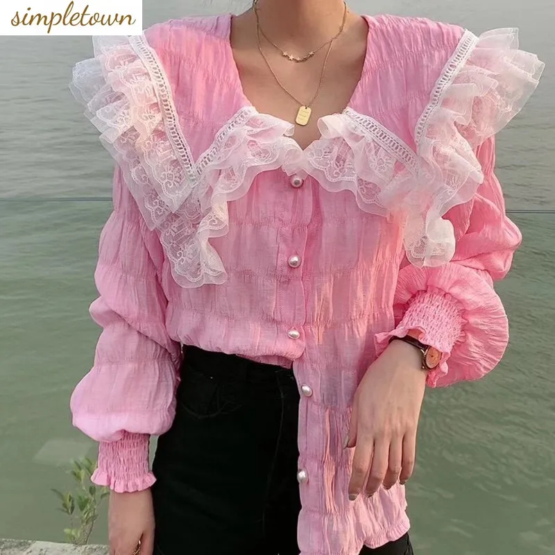 European Station 2024 Autumn New Lace Shawl Pleated Design Sweet Flare Sleeves Slimming Shirt for Women trending products 190 70cm cashmere scarf men women winter thick warm pahsmina shawl wraps unisex retro design echarpe de luxe