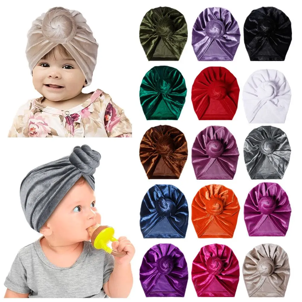 Babes Velvet Beanie Cap Round Knot Hat Girls Velvet Hat Winter Turban Headwraps For Kid Toddler Infant Baby Photo Props Headwear baby lace embroidered turban bowknot head waps toddler babes hat for kids girls boys lace beanie caps baby photo props headwear