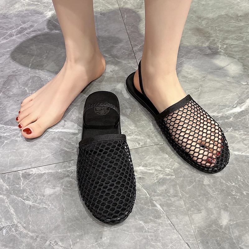 Europe and The United States Hollow Mesh Small Weave Roman Sandals New Fashion All Round Head Flat Baotou Drag Female