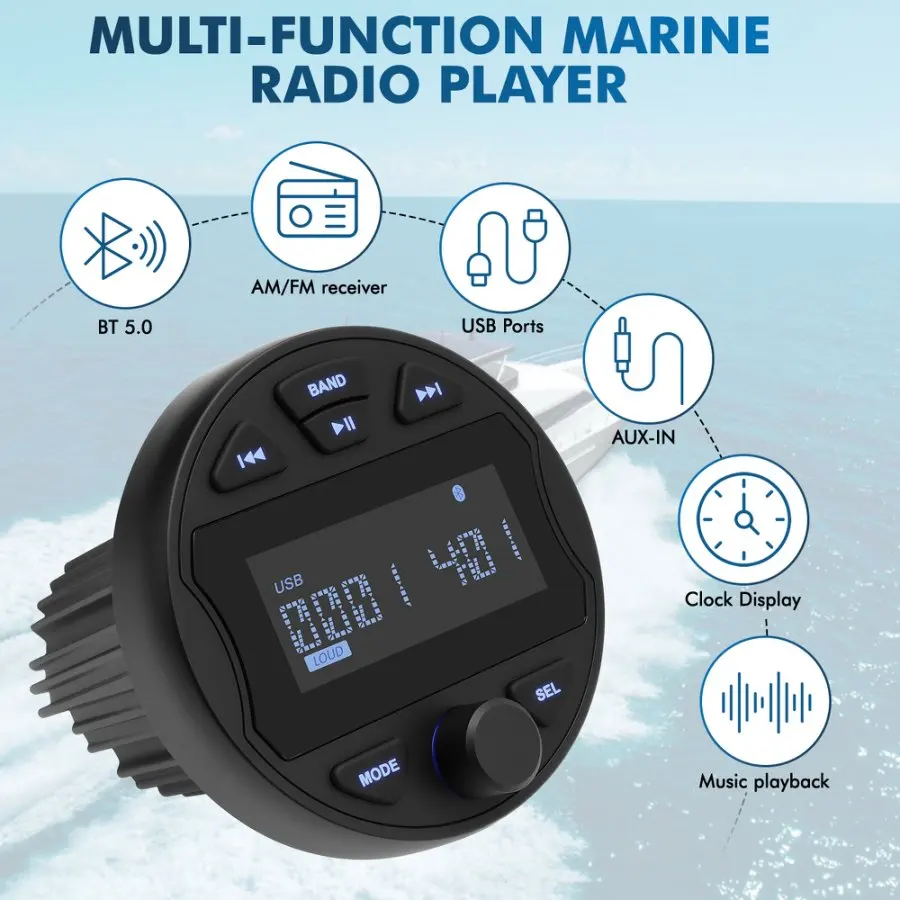 Boat Radio MP3 Media Player Stereo Marine Radio Cover Bluetooth AUX USB Waterproof Widely for ATV UTV SPA RZR FM AM