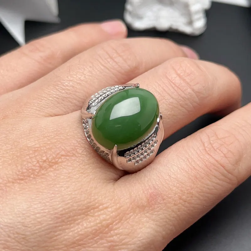 Natural Green Jade Ring for Men 13mm*18mm 10ct Jade Silver Ring